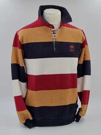 Pull col polo rayé Brique, Noir, Blanc et Rouge Hermès