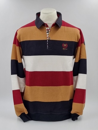 Pull col polo rayé Brique, Noir, Blanc et Rouge Hermès